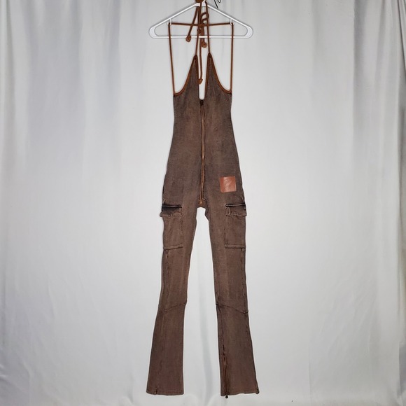 The Unbranded Brand Pants - Ribbed Halter Bodycon Jumpsuit Women Medium Brown Zipper Cargo Urban Baddie
